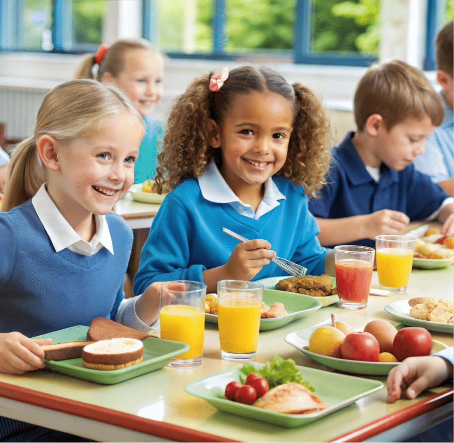 Young school children enjoying high quality catered school meals.