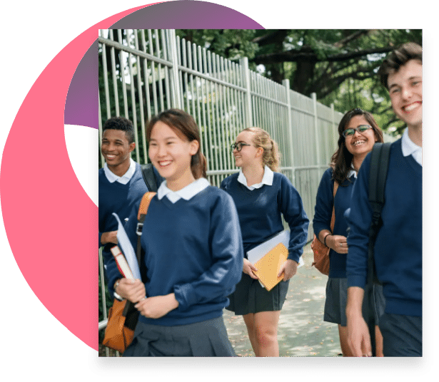 School students enthusiastically walking to school.