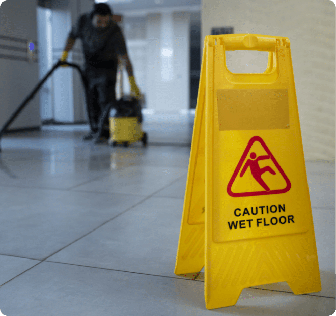 School cleaning staff vacuuming a tiled floor with a caution wet floor sign for school safety.